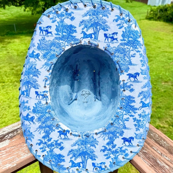 Vintage Inspired Hand Burned Blue Toile Western Cowboy Hat - Picture 3 of 6